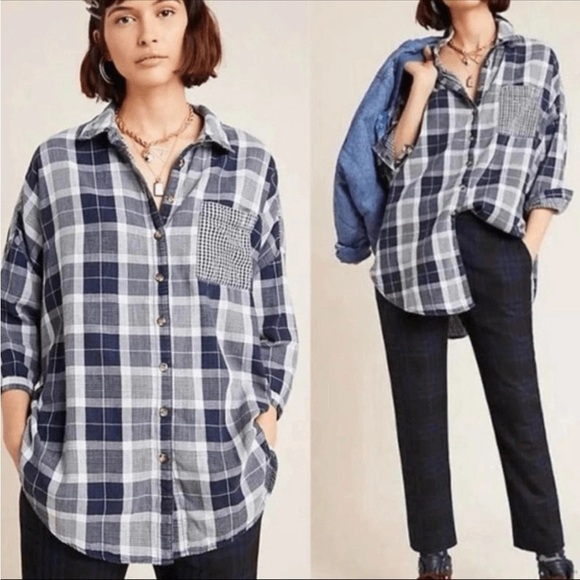 Pilcro x Anthropologie Boxy Boyfriend Plaid Gingham Button Down Sixe XS / S - Picture 1 of 10